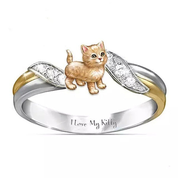 New Kitty Ring Lettering I Love My Kitty Two-Color Electroplating Cat