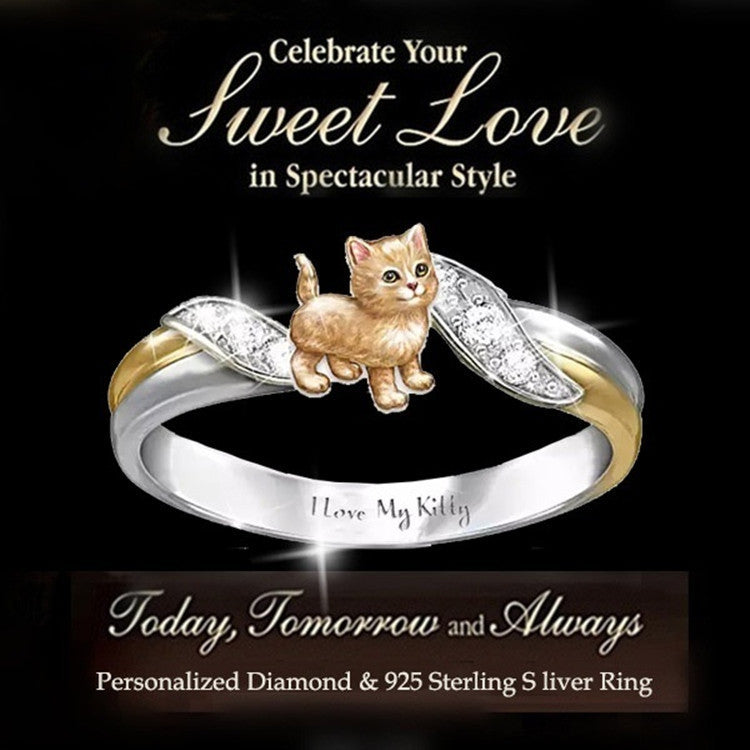 New Kitty Ring Lettering I Love My Kitty Two-Color Electroplating Cat